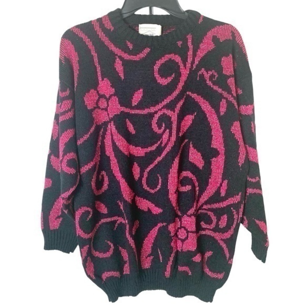 New Vintage 70th 80th Y2K Gold Metallic Lurex Floral Sweater Black Purple Size M